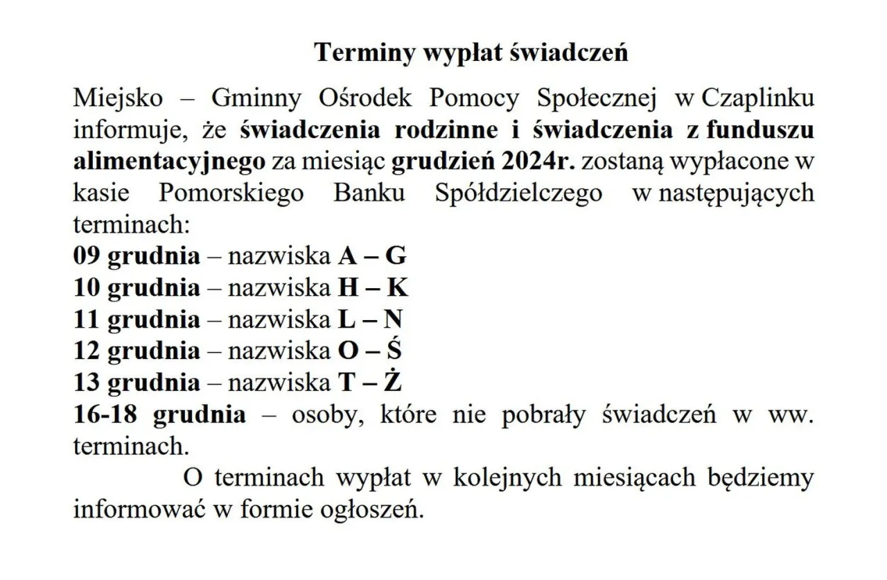 Terminy wypłat świadczeń z funduszu alimentacyjnego w grudniu 2024. Sprawdź, ile się czeka na alimenty z funduszu alimentacyjnego w zależności od nazwiska.