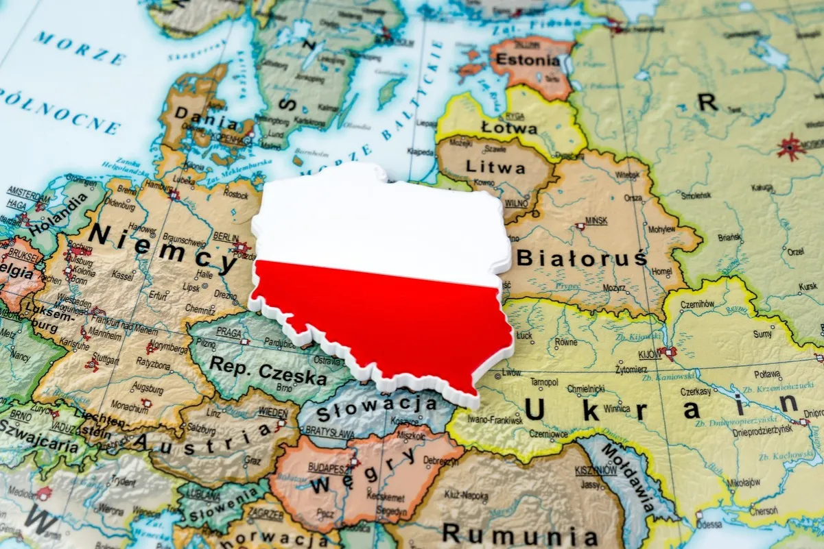 Mapa Polski z zaznaczonym Poznaniem Szczecinem i Śląskiem