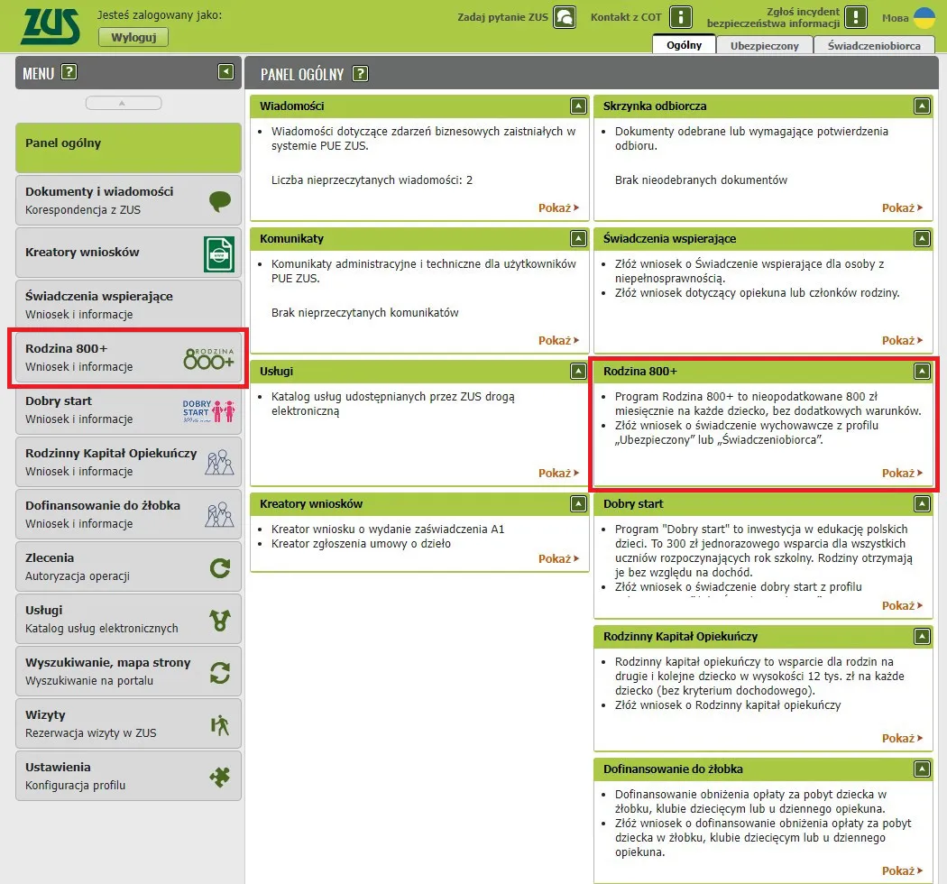 składanie wniosku 800 plus online PUE ZUS