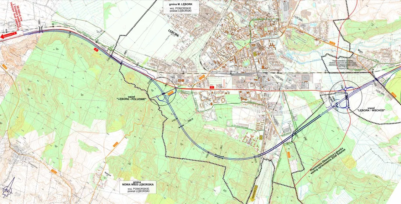 Mapa trasy Lębork Łeba z zaznaczonymi środkami transportu