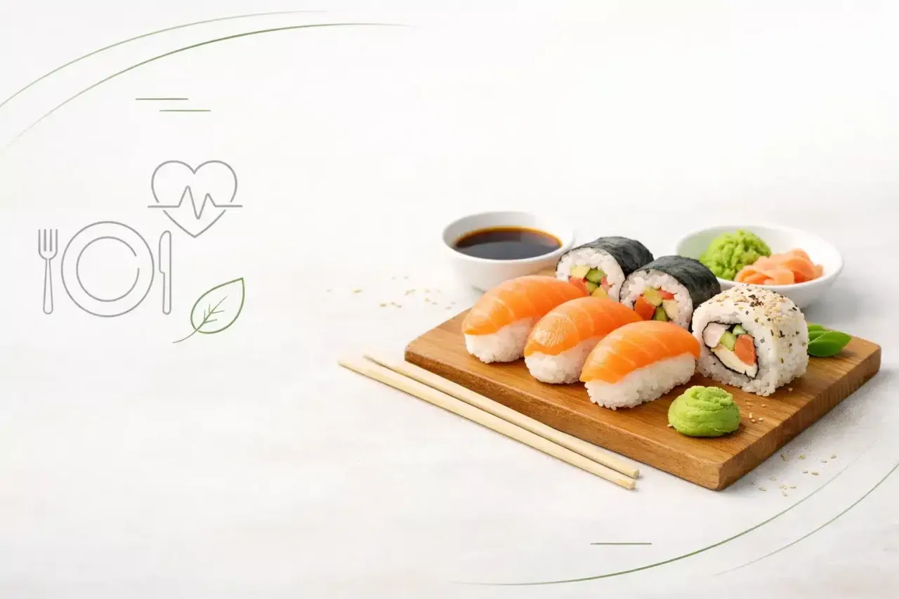 Pyszne sushi na desce, sos sojowy, wasabi i imbir. Zdrowotne sushi właściwości to bogactwo ryb i ryżu.