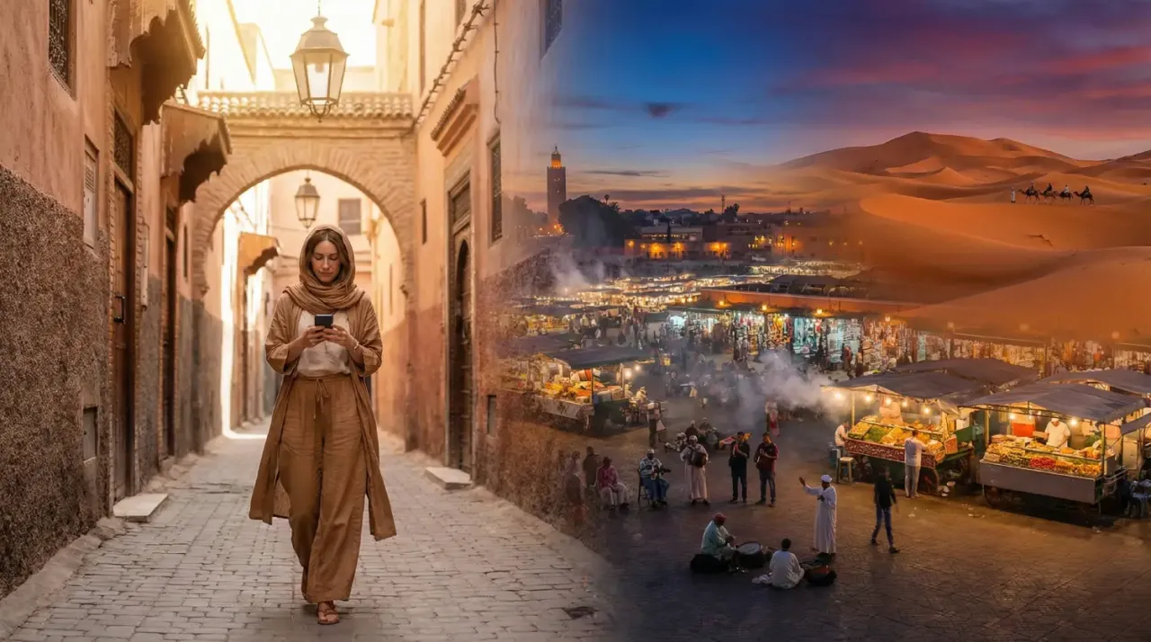 Kobieta w hidżabie spaceruje wąską uliczką Marrakeszu, podczas gdy w tle tętni nocny bazar i pustynne wydmy. Czy w Maroku jest bezpiecznie dla turyst&oacute;w? Tak, to fascynujący kraj.