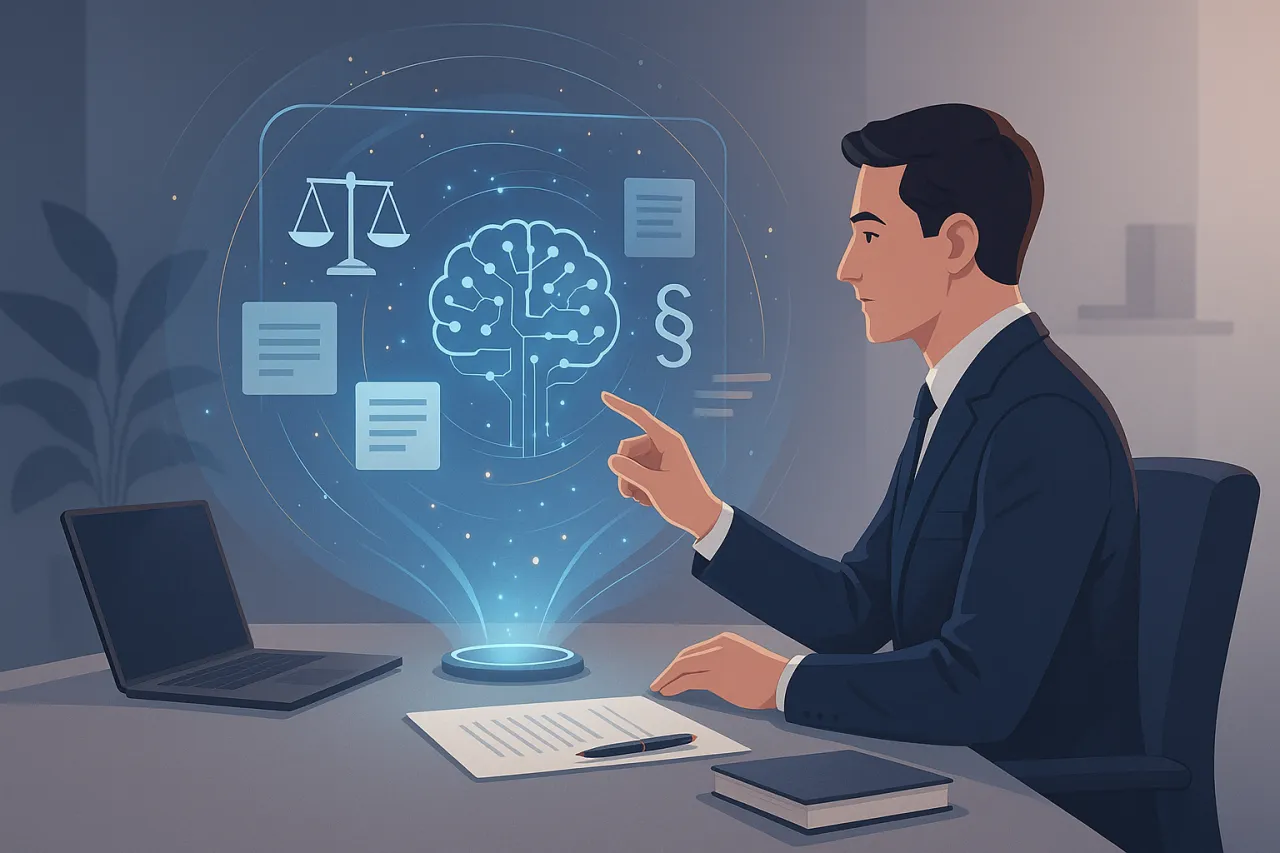 Prawnik analizujący dane na komputerze z elementami AI