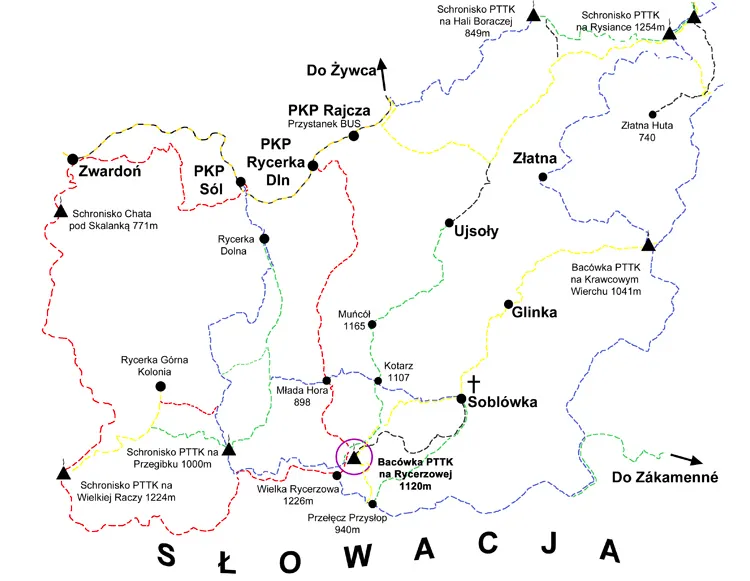 Mapa szlaków turystycznych Rycerzowa Soblówka
