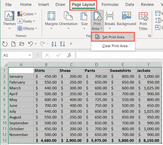 Excel set print area screenshot