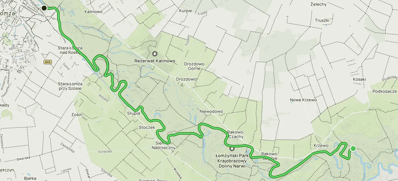 Mapa tras kajakowych Narew lub widok rzeki Narew z kajaka