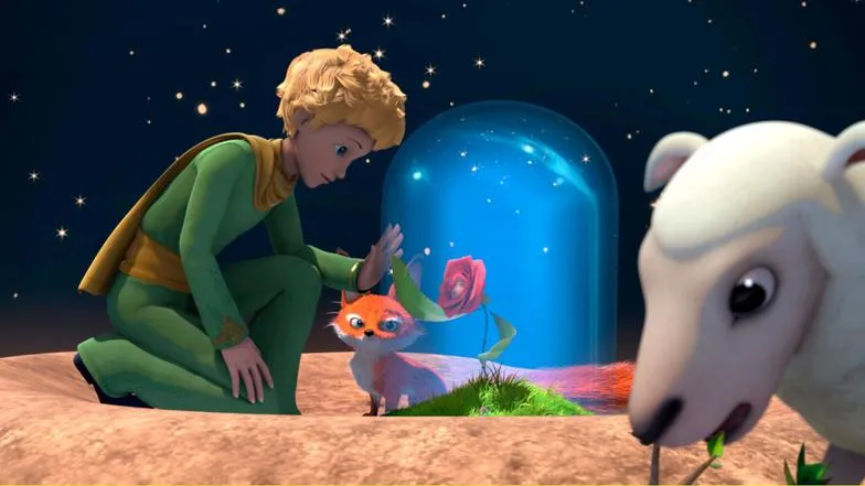 Der kleine Prinz auf einem Planeten mit einer Rose