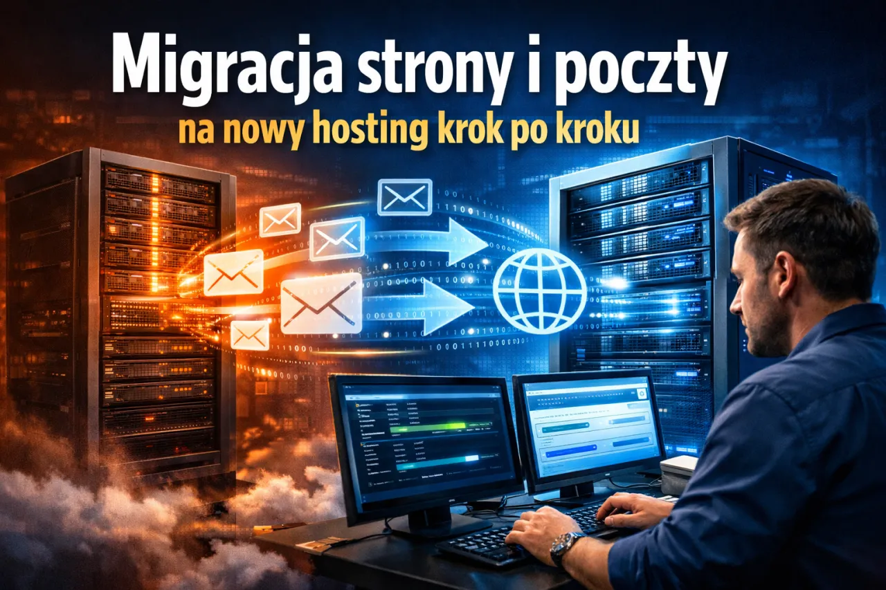 Ilustracja pokazuje jak przenieść domenę na inny hosting. Widać serwery, ikony poczty i globus.