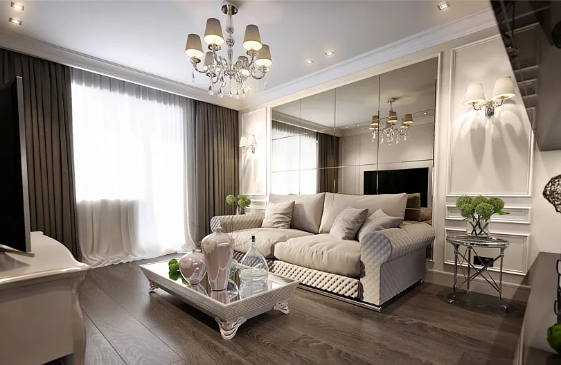 mały salon z lustrem, ciemny salon z lustrem