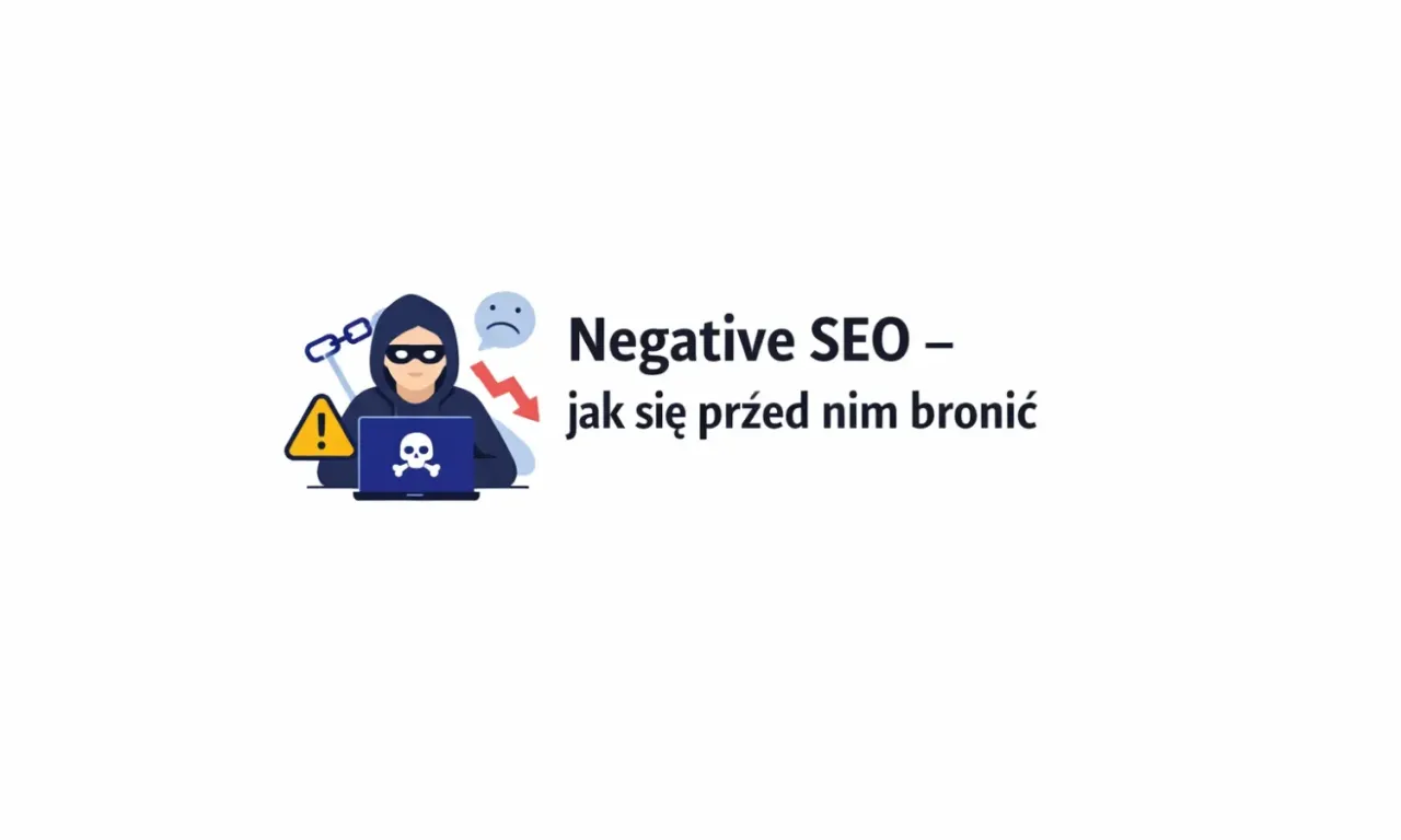 Haker z czaszką na laptopie, ostrzeżenie i smutna emotka. Jak bronić się przed negative SEO.