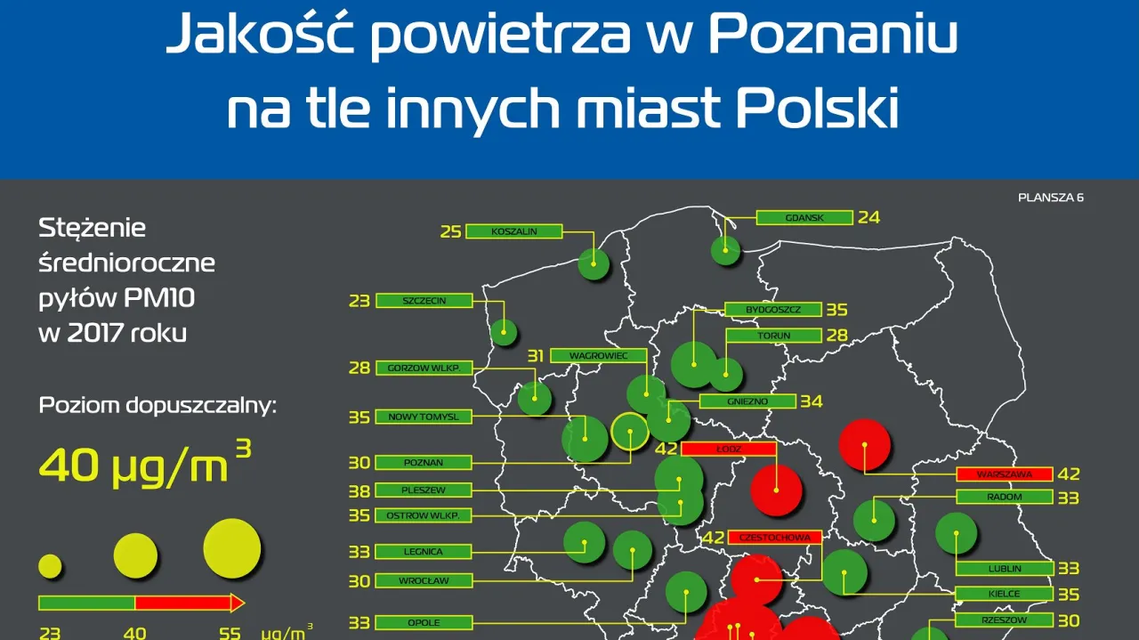 Mapa Poznania z zaznaczonymi stacjami pomiaru jakości powietrza