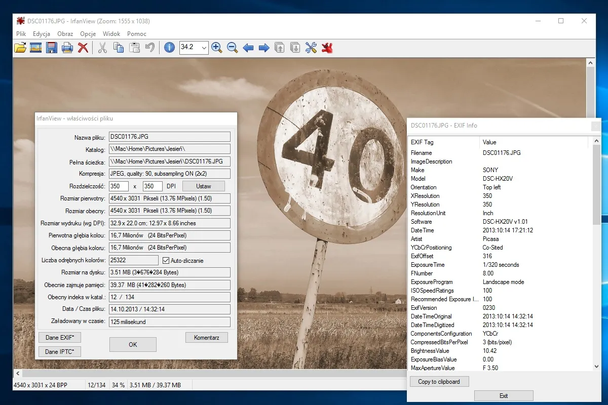 Interfejs programu IrfanView z danymi EXIF