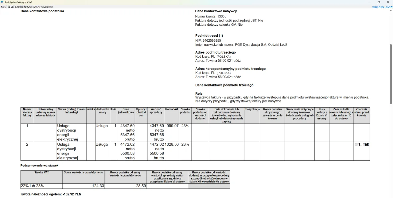 Podgląd e-faktury KSeF. Widoczna tabela z danymi faktury, w tym kolumna 