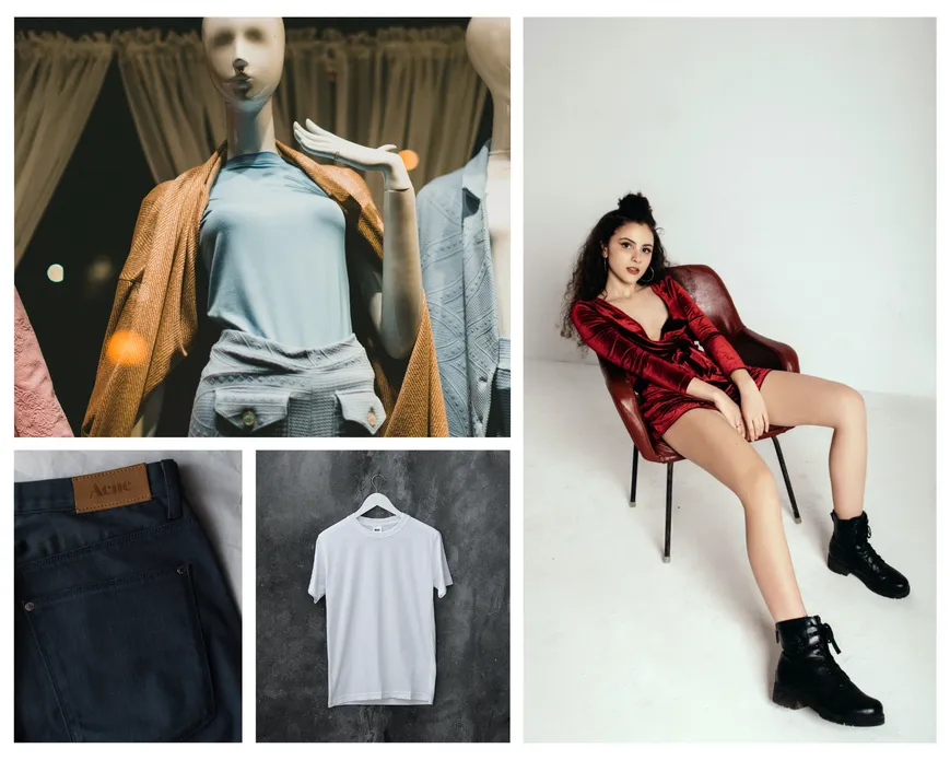 przykłady zdjęć ubrań flat lay na wieszaku na modelce