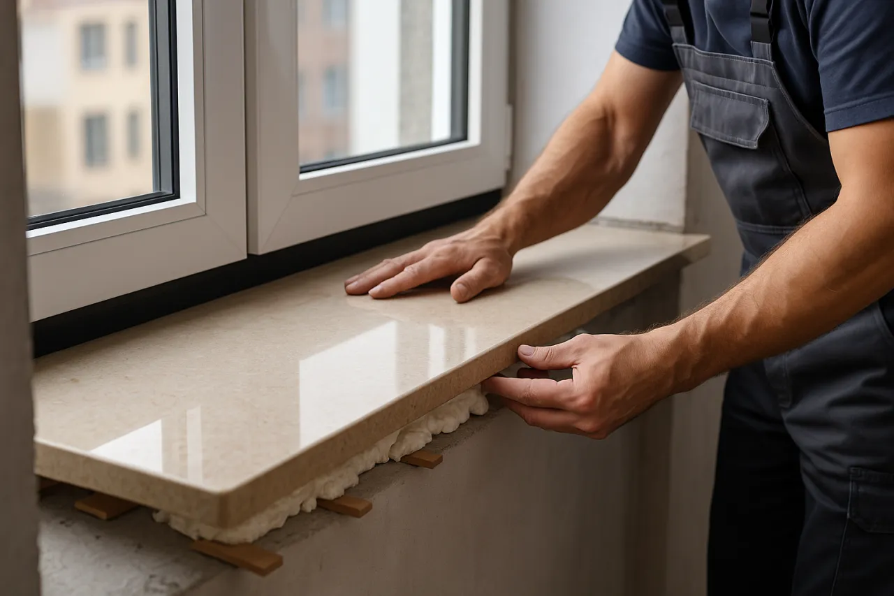 Montaż parapetów zewnętrznych do czoła okna. Ręce fachowca dopasowują jasny parapet do ramy okiennej, pod którym widać piankę montażową.