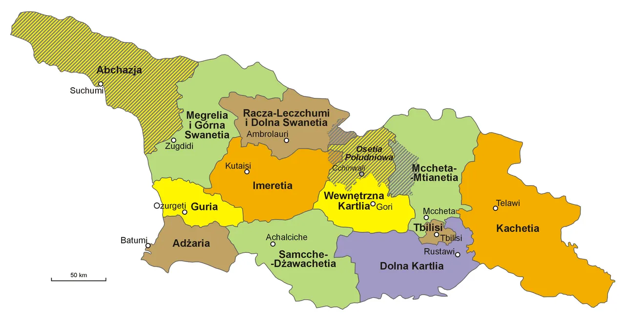 Mapa Gruzji z zaznaczonymi regionami Abchazji i Osetii Południowej