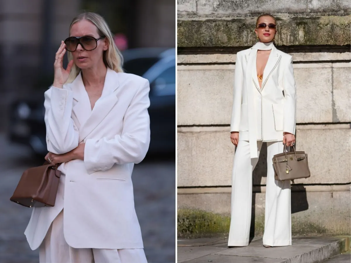 kobieta w garniturze damskim z elegancką listonoszką stylizacja do biura