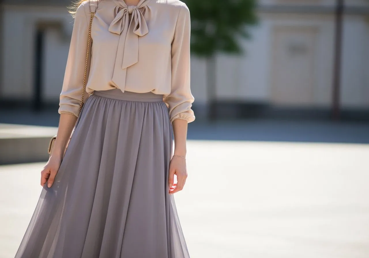 Bluzki do szarej sp&oacute;dnicy oł&oacute;wkowej i rozkloszowanej