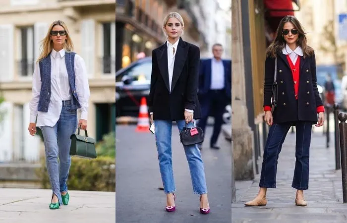 Modne damskie stylizacje z oversizową marynarką, białą koszulą i szerokimi jeansami