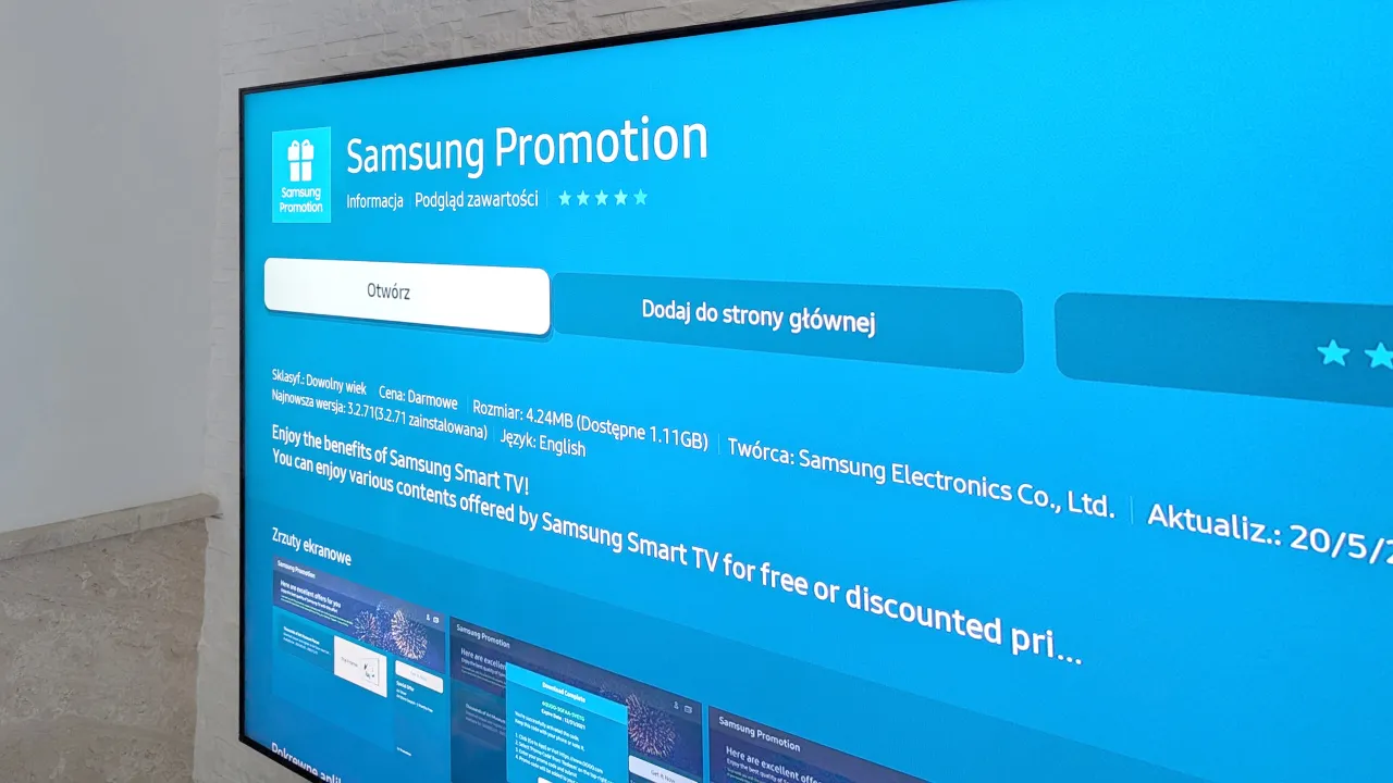 Ekran telewizora Samsung z informacją o aplikacji 