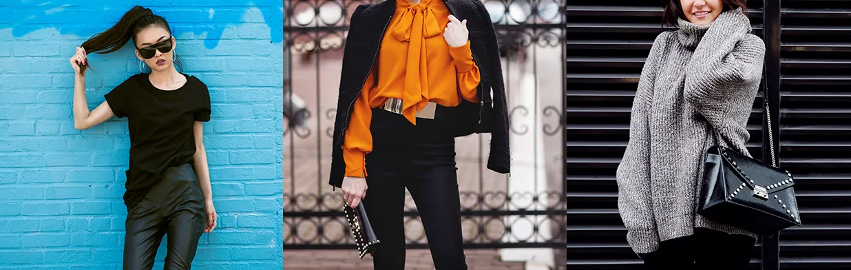 Stylizacje z czarnymi spodniami i kolorowymi bluzkami