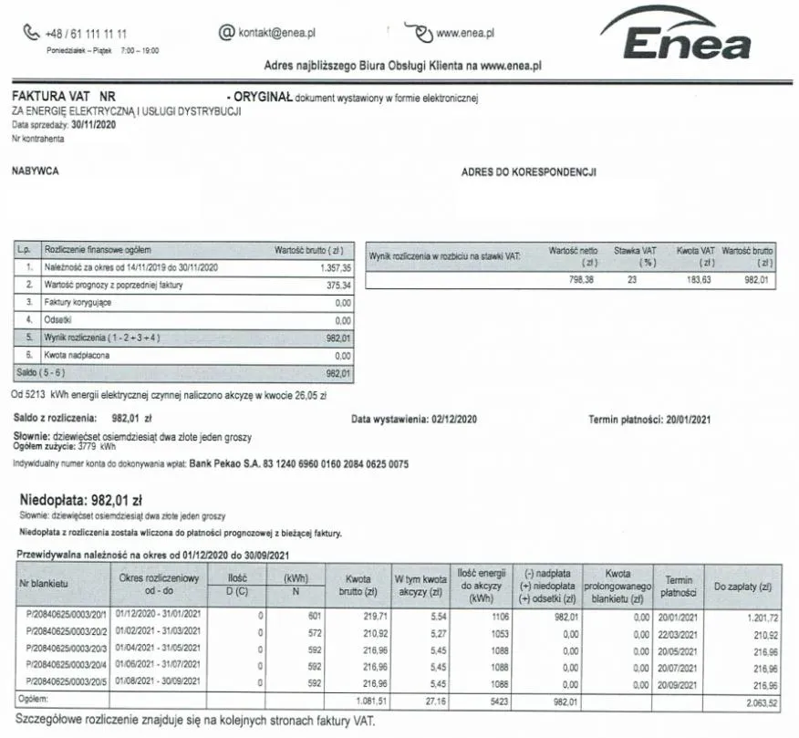 Przykładowa faktura Enea z zaznaczonymi cenami energii