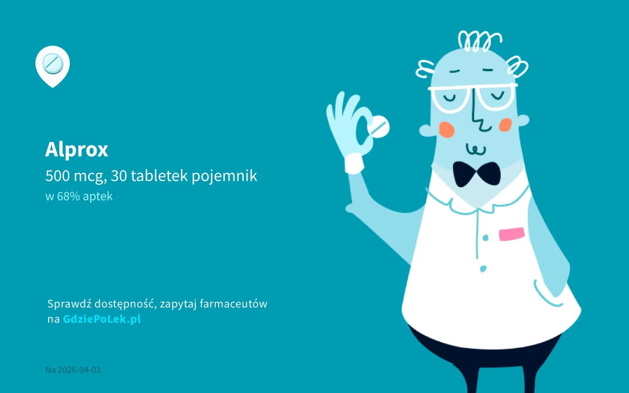 Alprox 500 mcg, 30 tabletek. Czy jest bezpieczny? Czy to psychotrop? Zapytaj farmaceutów na GdziePolek.pl.