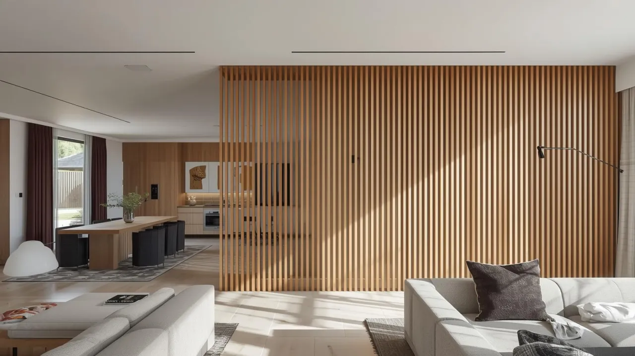 Drewniana ażurowa ścianka to stylowy sposób, jak oddzielić sypialnię od salonu, tworząc przytulną atmosferę.