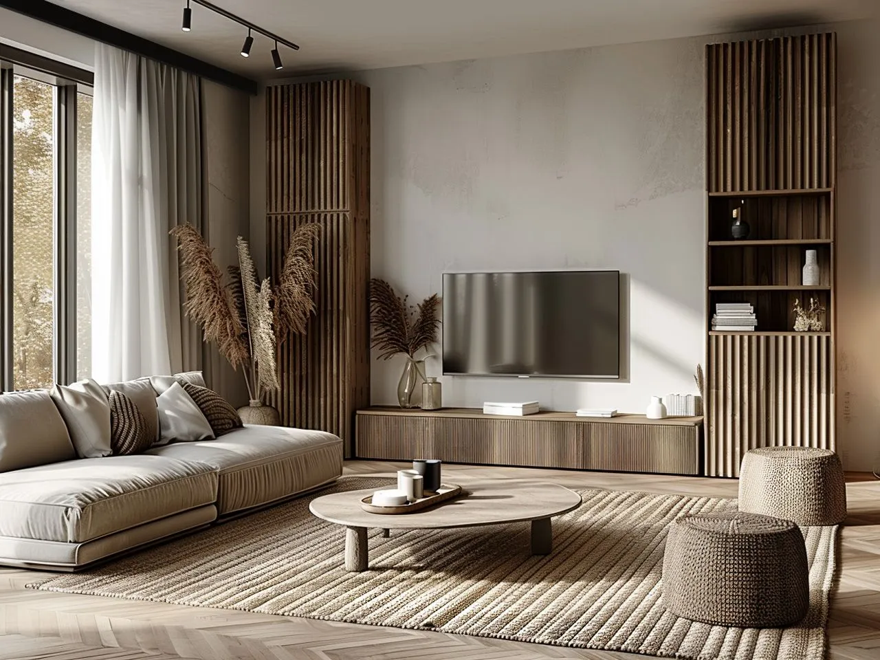 Nowoczesny salon z sofą, stolikiem kawowym i telewizorem. Drewniane panele i regały tworzą przytulną atmosferę. Pomysł na to, co zamiast karnisza w salonie, to zasłony na szynie sufitowej.