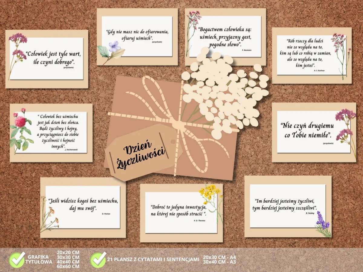 Karty z cytatami o dobroci i życzliwości, ozdobione kwiatami. 