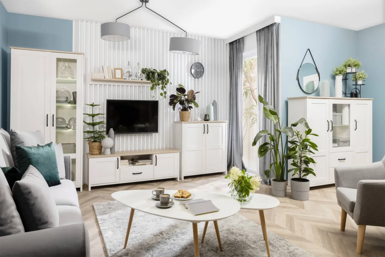 inspiracje wnętrz białe meble szara kanapa