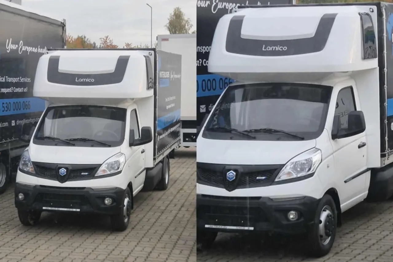 Biały bus marki Lamico, idealny jako jaki bus do transportu międzynarodowego. Zapewnia przestronną przestrzeń ładunkową.