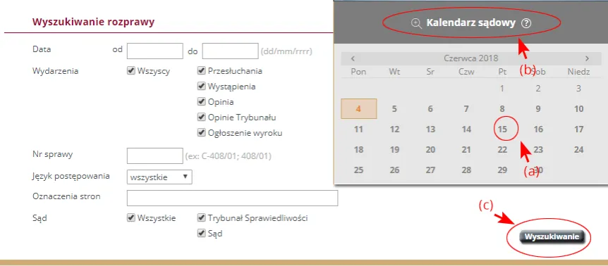 Kalendarz z zaznaczonymi dniami i pieczęć sądowa