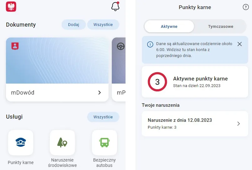 Zrzut ekranu z aplikacji mObywatel punkty karne