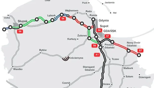 Mapa porównanie tras A1 i S7 do Gdańska