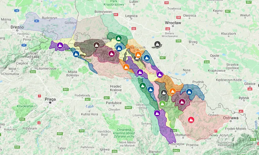 Mapa fizyczna Sudetów z podziałem na pasma