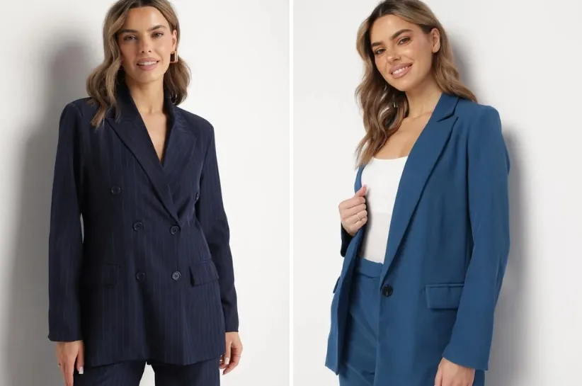 Stylizacje z granatową marynarką i białą bluzką