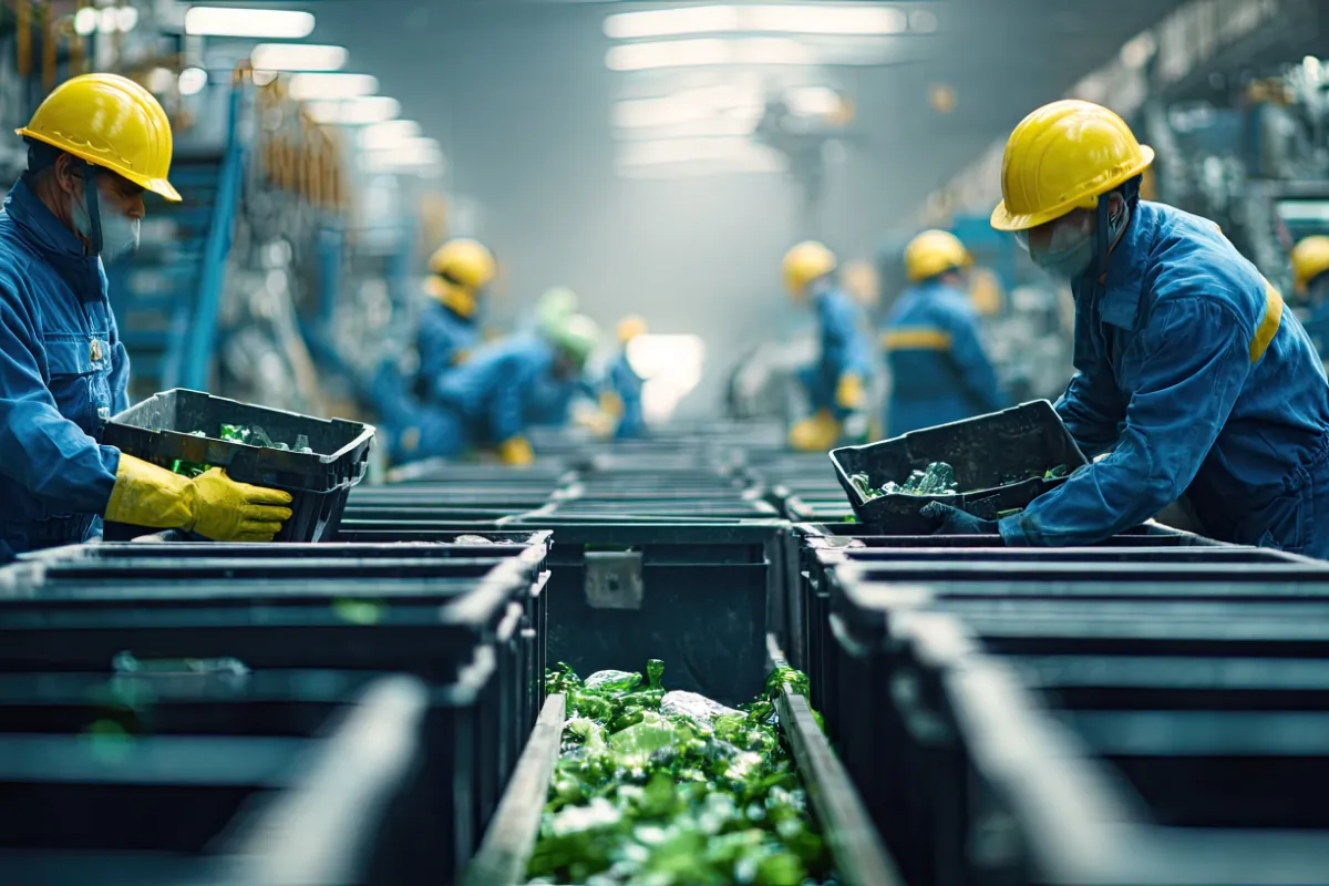 Pracownicy w żółtych kaskach sortują szkło. Tak wygląda proces, co się dzieje ze śmieciami po segregacji.