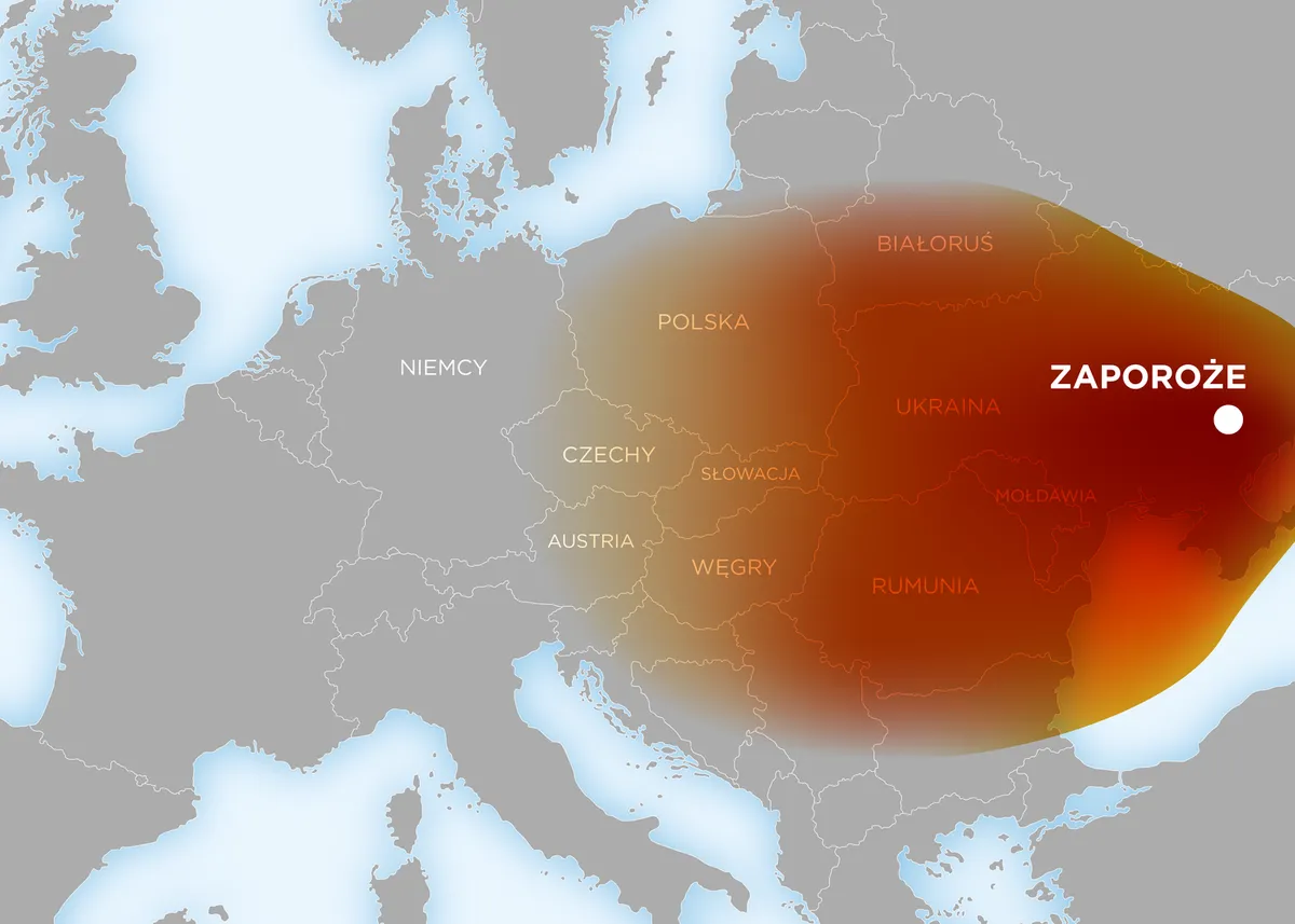 Mapa Ukrainy z zaznaczeniem Zaporoskiej Elektrowni Jądrowej, Enerhodaru i linii frontu