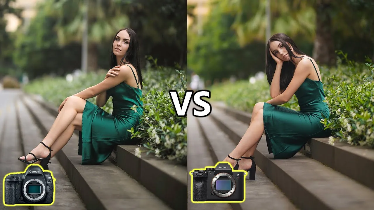 vlogger comparing a DSLR and a mirrorless camera side by side