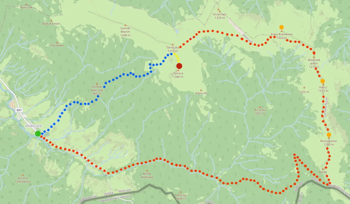 Porównanie szlaków Tarnica mapa