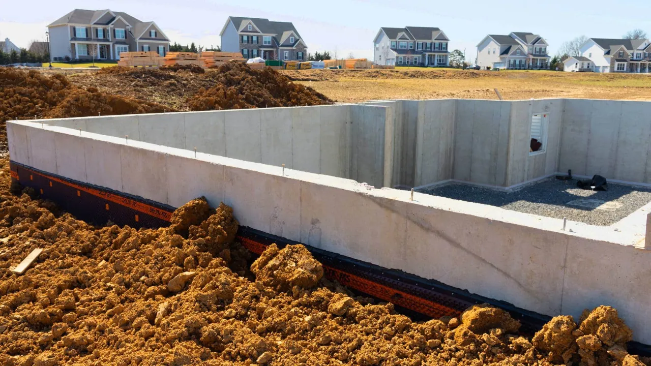 Solidny fundament betonowy to klucz do trwałego domku letniskowego. Budowa w toku, w tle nowe domy.