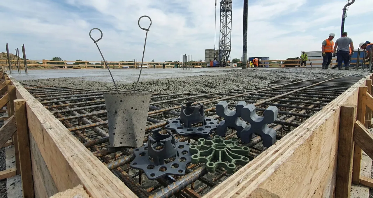 Na budowie widać świeży beton i zbrojenie. W zbliżeniu leżą listwy dystansowe pod zbrojenie, przygotowane do pracy.