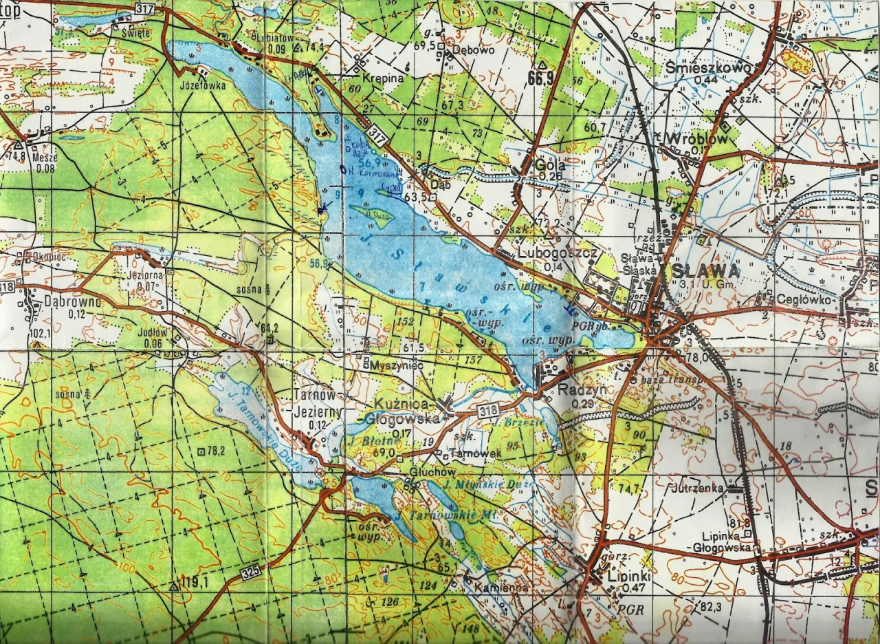 Mapa Jeziora Sławskiego z miejscowościami