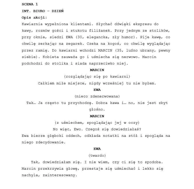 strona scenariusza filmowego formatowanie Courier New