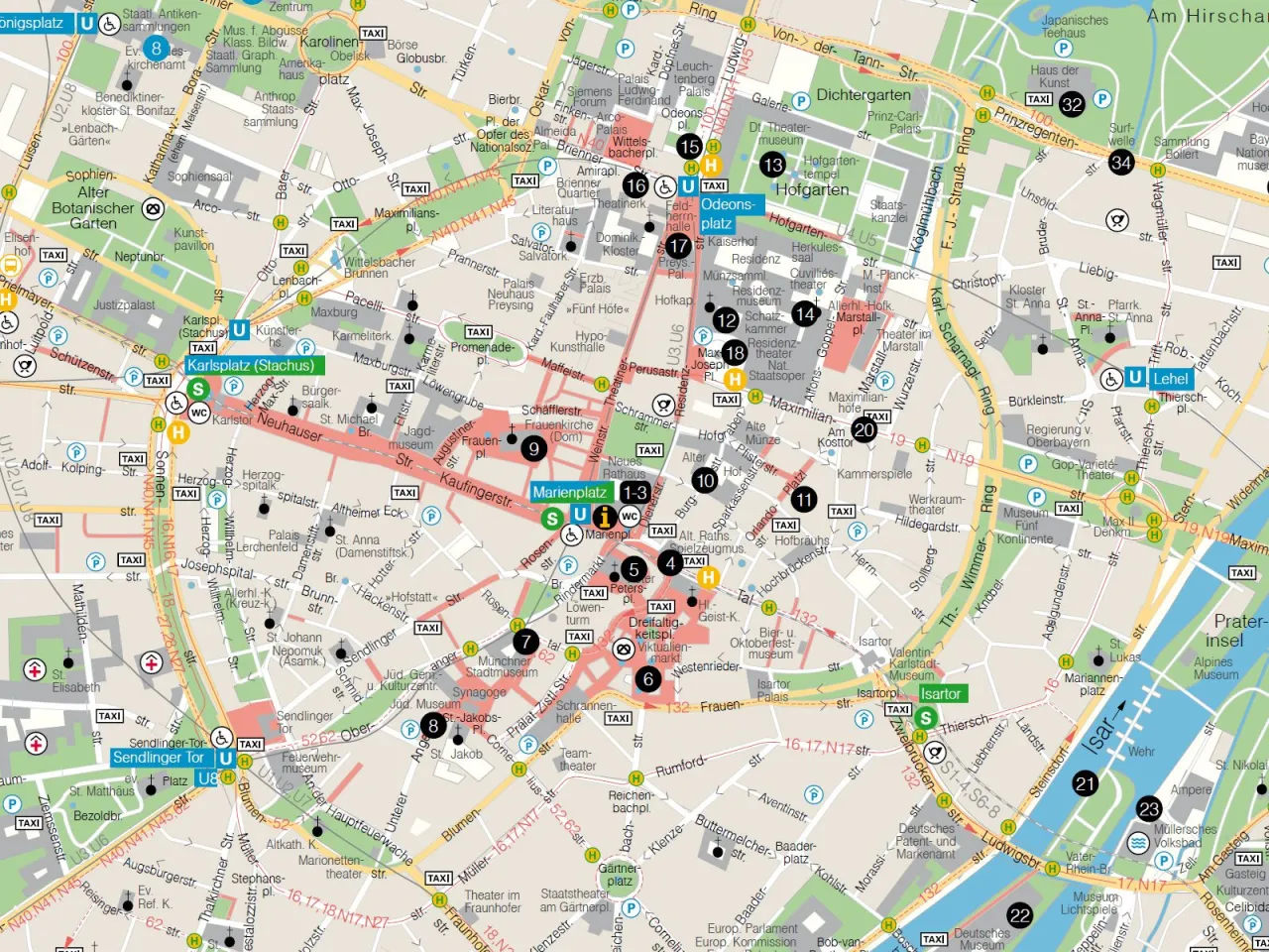 Mappa quartieri Monaco di Baviera con attrazioni principali