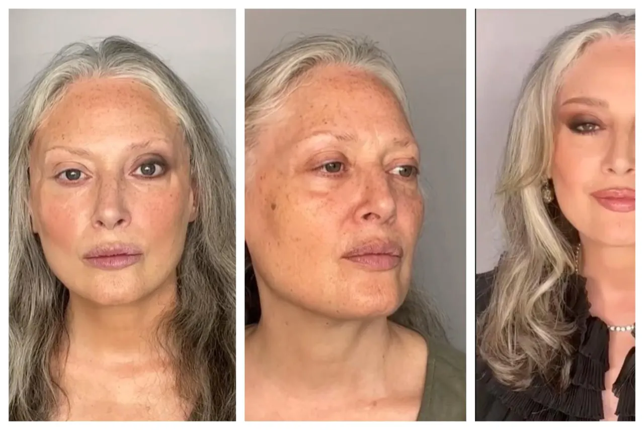 Przed i po: metamorfoza makijażu po 60-tce. Kobieta z siwymi włosami zyskuje blask dzięki profesjonalnemu makijażowi.