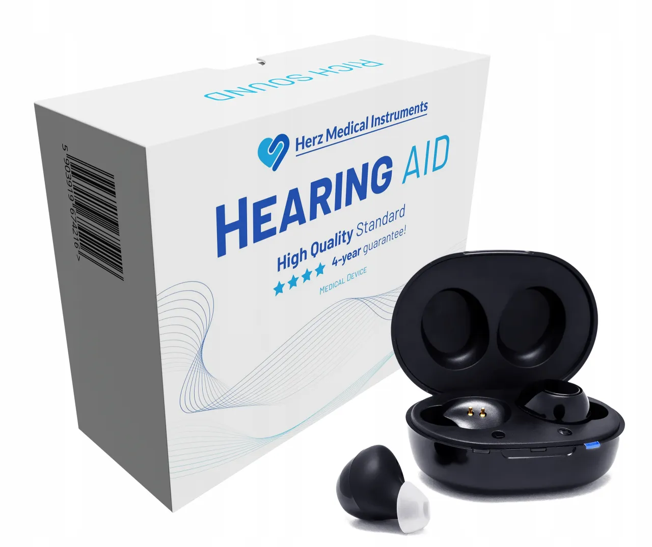 Aparat słuchowy z przyciskami do regulacji głośności, osoba zmieniająca głośność w aparacie słuchowym