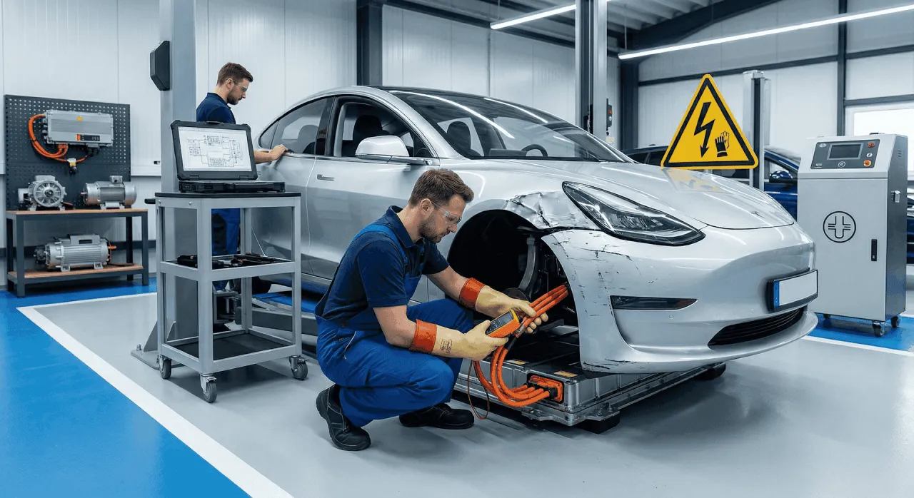 Mechanicy badają uszkodzone auto elektryczne. Czy to zapowiedź, dlaczego mechanicy odmawiają naprawy aut elektrycznych w 2026 roku?