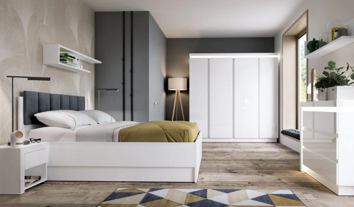 Sypialnia białe meble ciemne ściany inspiracje